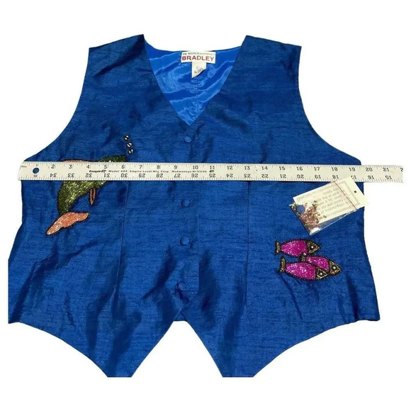 The World According to Bradley 80s Blue Silk Beaded Fish Vntg‎ Vest Size Medium - Picture 5 of 9